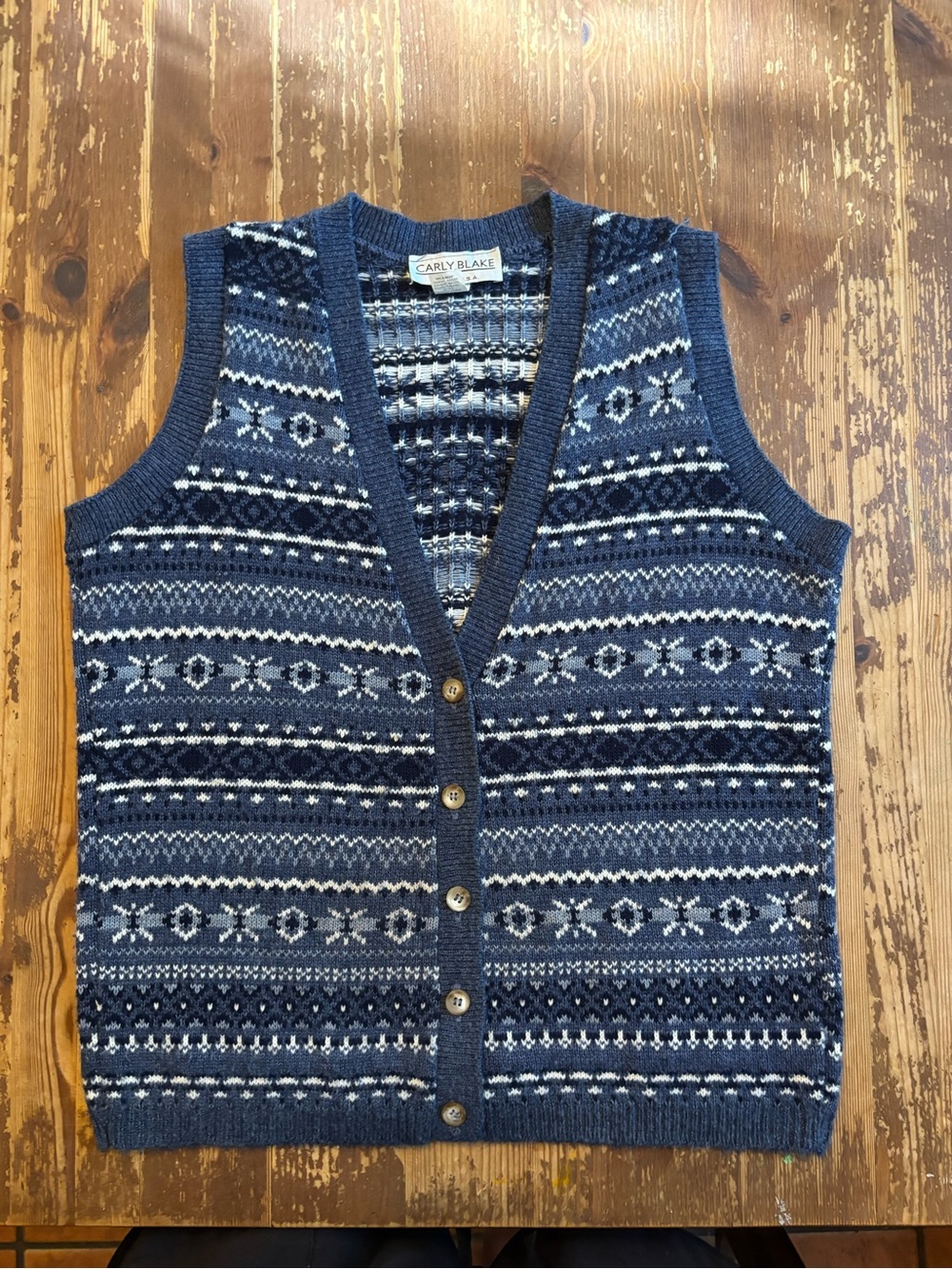 Vintage Women’s Carly Blake Navy Fair Isle Button-Front Sweater Vest. Medium